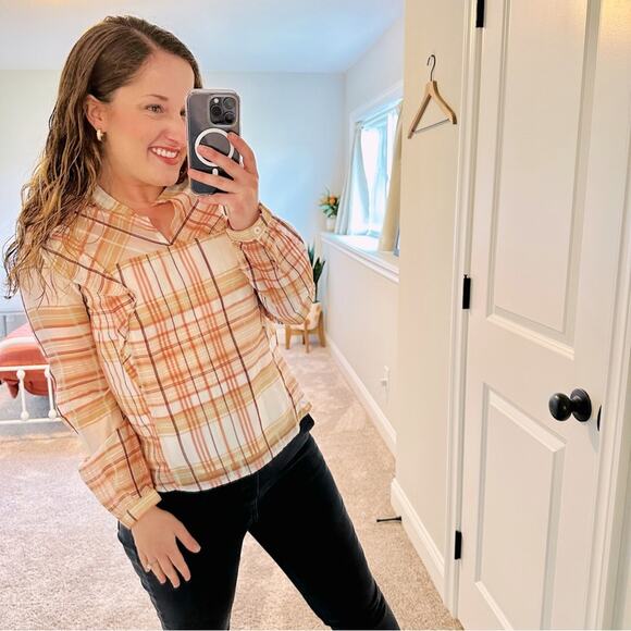 NWT Anthropologie Current Air Cream Pink Plaid Blouse Small - Picture 1 of 9